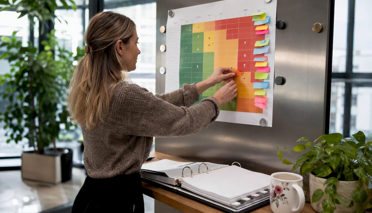 Hands updating regulatory risk heat map