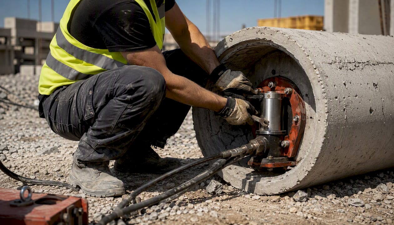 Pile Load Testing Methods: What Engineers Need to Know Hands installing hydraulic jack in concrete pile