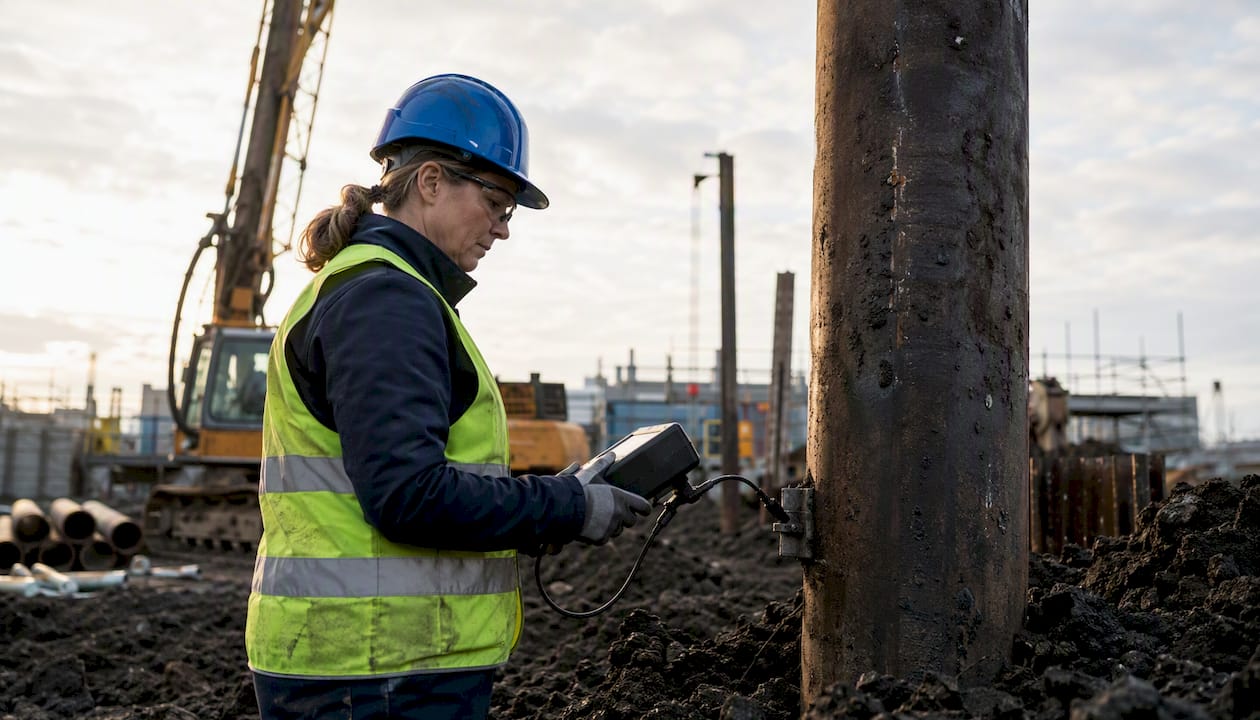 Pile Load Testing Methods: What Engineers Need to Know Technician using PDA device for dynamic pile testing