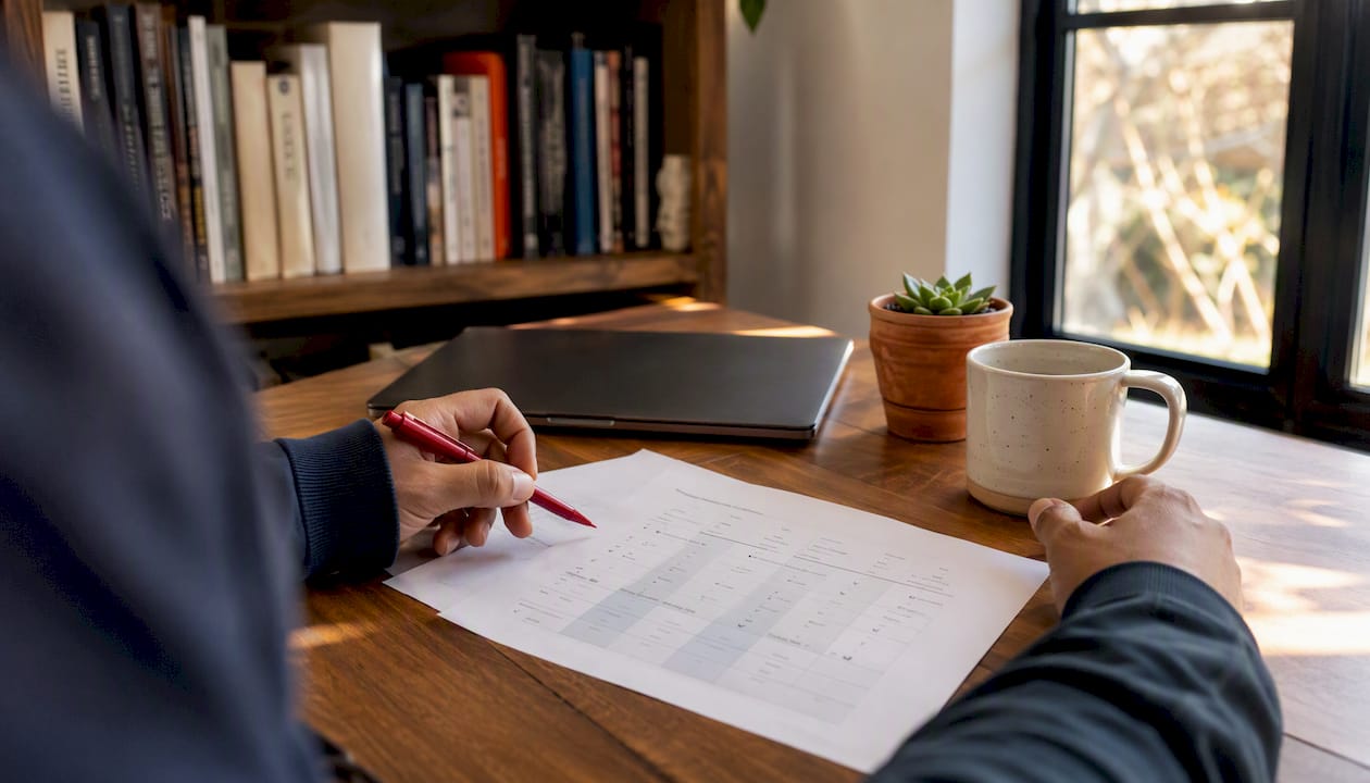 Hands reviewing acoustic consultant proposal table