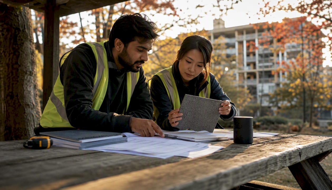 Consultants collaborating at construction site