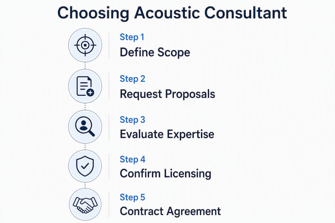 Infographic showing steps to choose acoustic consultant