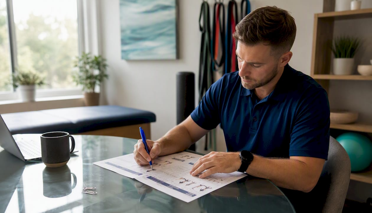 Hands marking FMS scoring sheet on desk