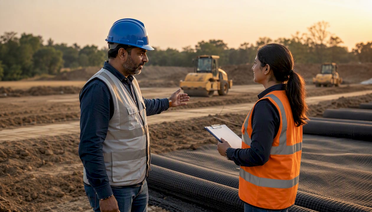 Engineer and supervisor reviewing soil stabilization
