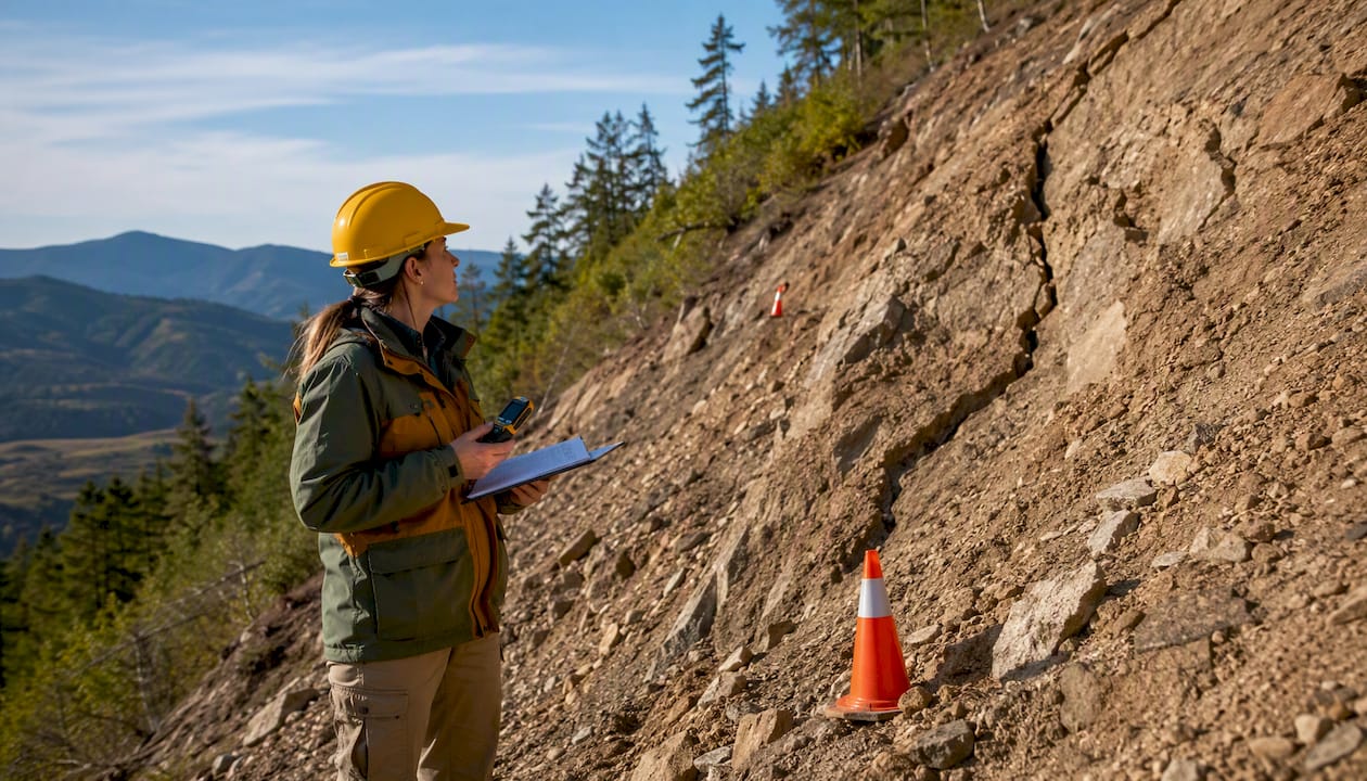 Technician inspecting unstable hillside slope