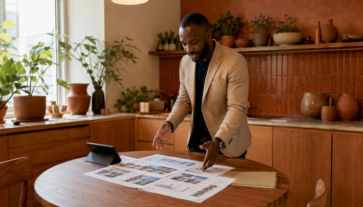 Consultant reviewing property market reports and comparables
