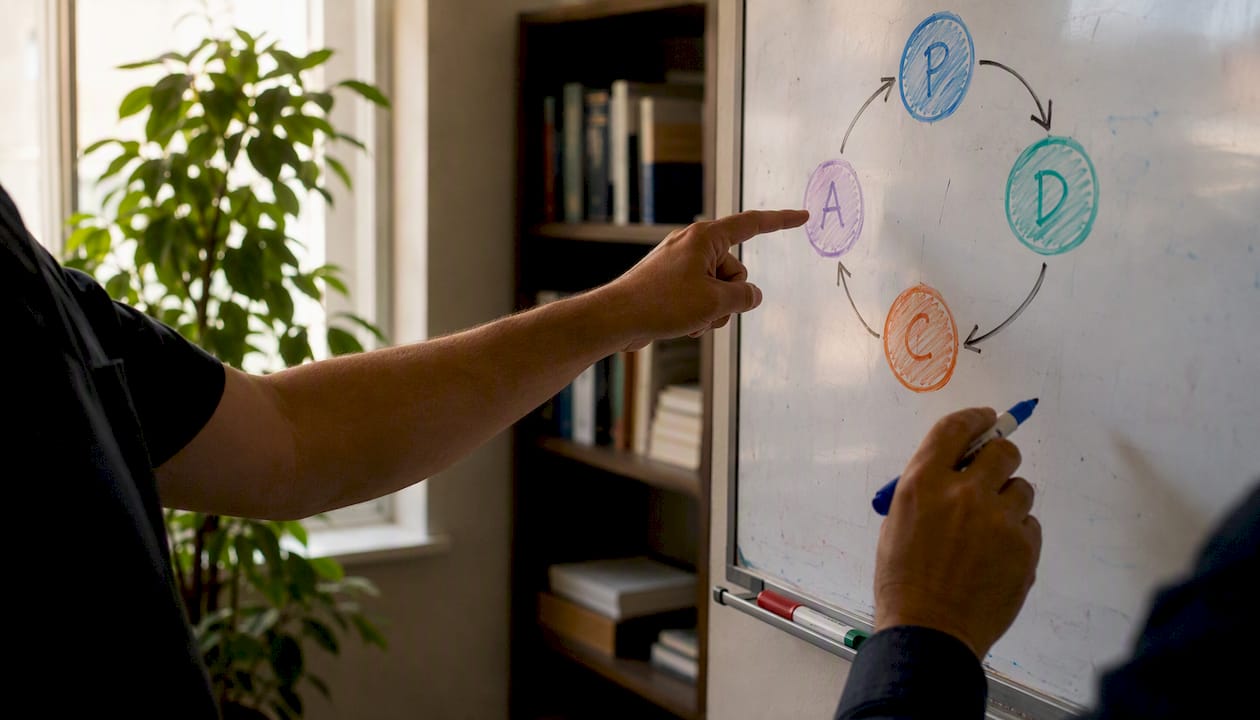 Hands pointing at PDCA safety cycle diagram