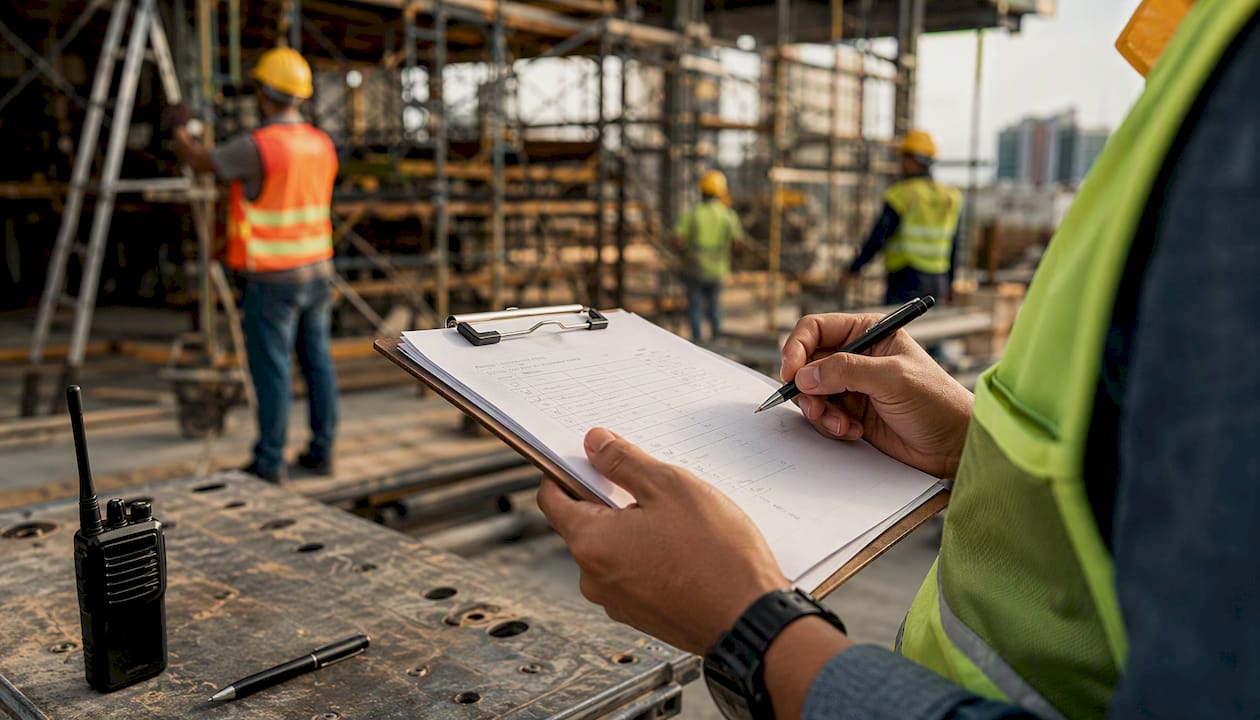 Hands holding safety inspection documents at site