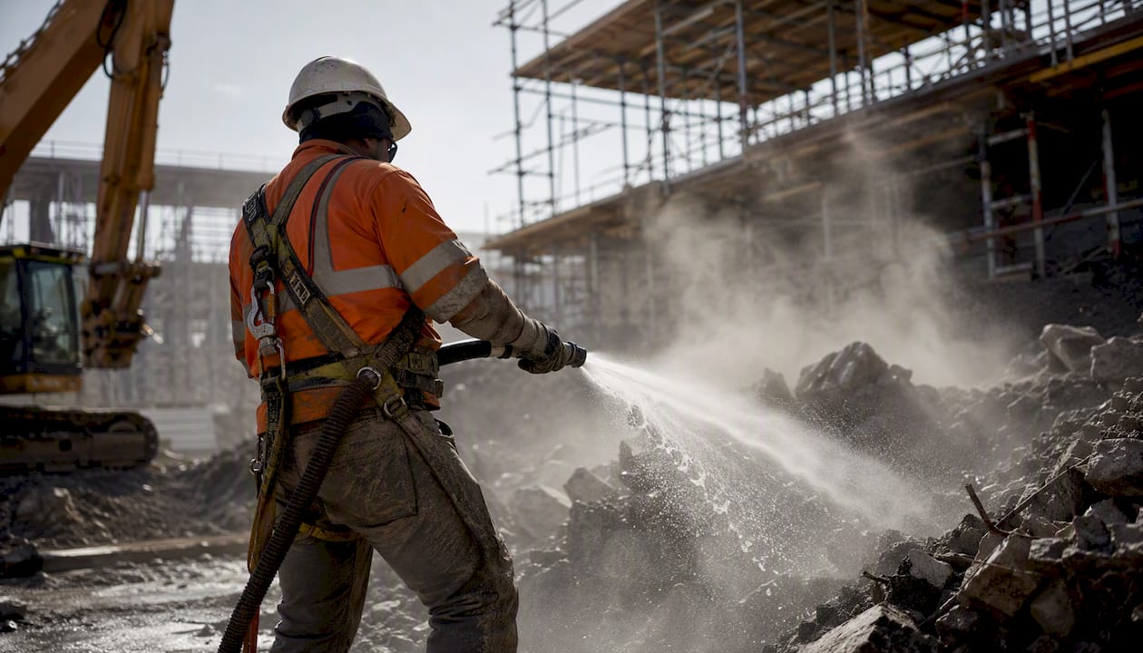 Worker spraying water to control concrete dust