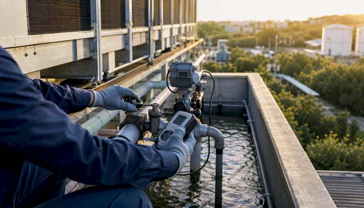 Hands maintaining cooling tower controls outdoors