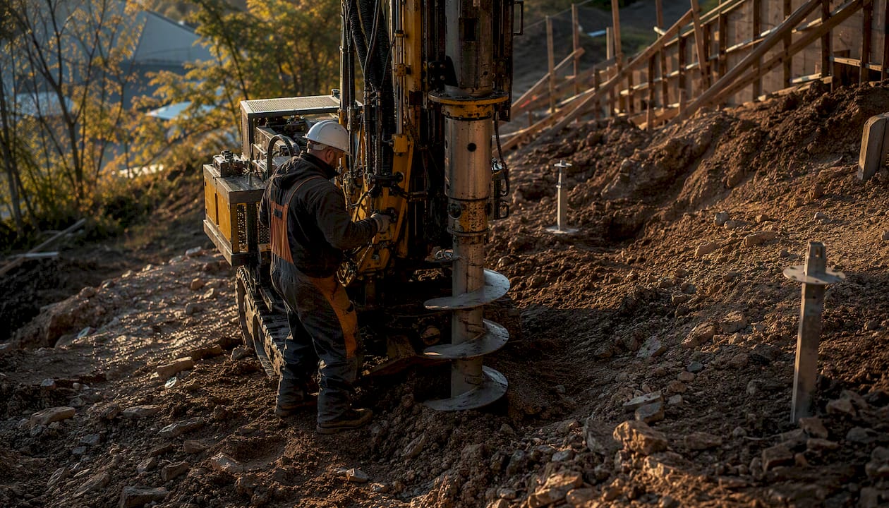 Examples of Underpinning Techniques: A Practical Guide Helical pile being installed with drilling rig