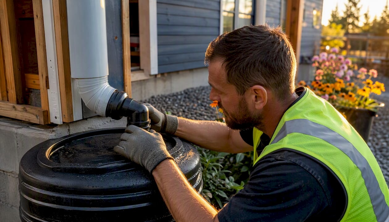Worker installing rainwater harvesting barrel