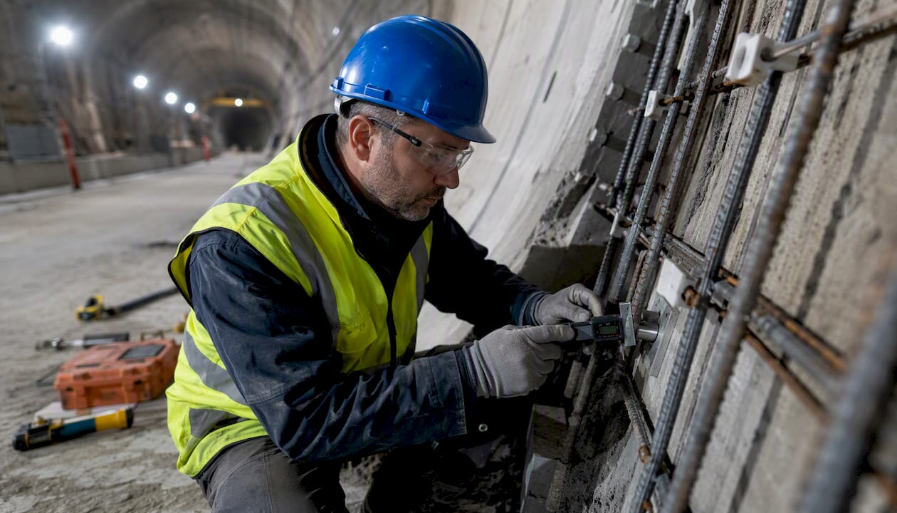 Engineer measuring tunnel lining installation