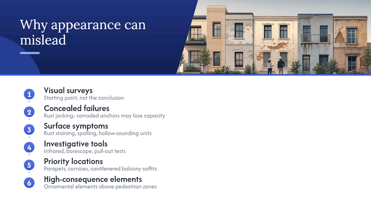 Common Building Facade Deterioration Signs: A Field Guide Why surface appearance alone can mislead you — overview diagram