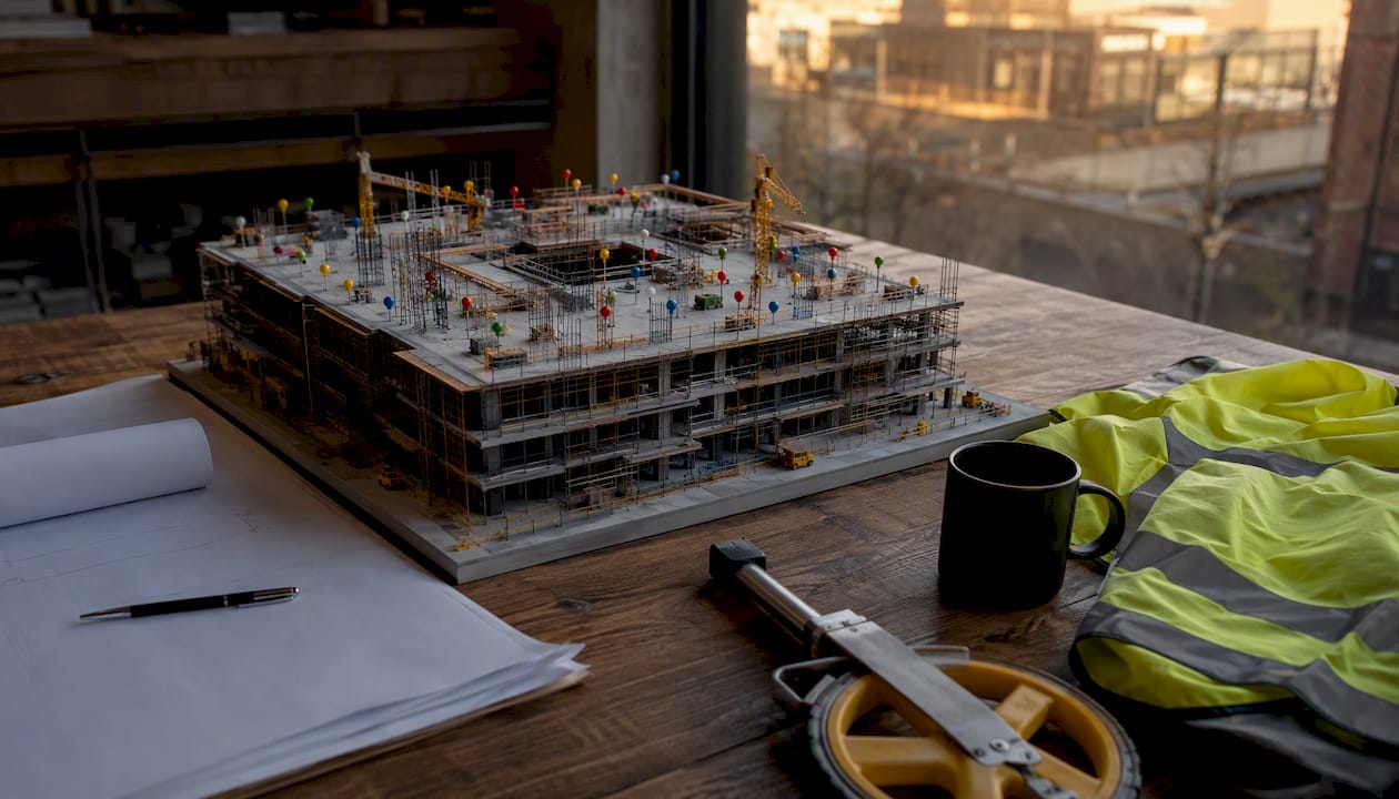 Construction sequencing scale model on table