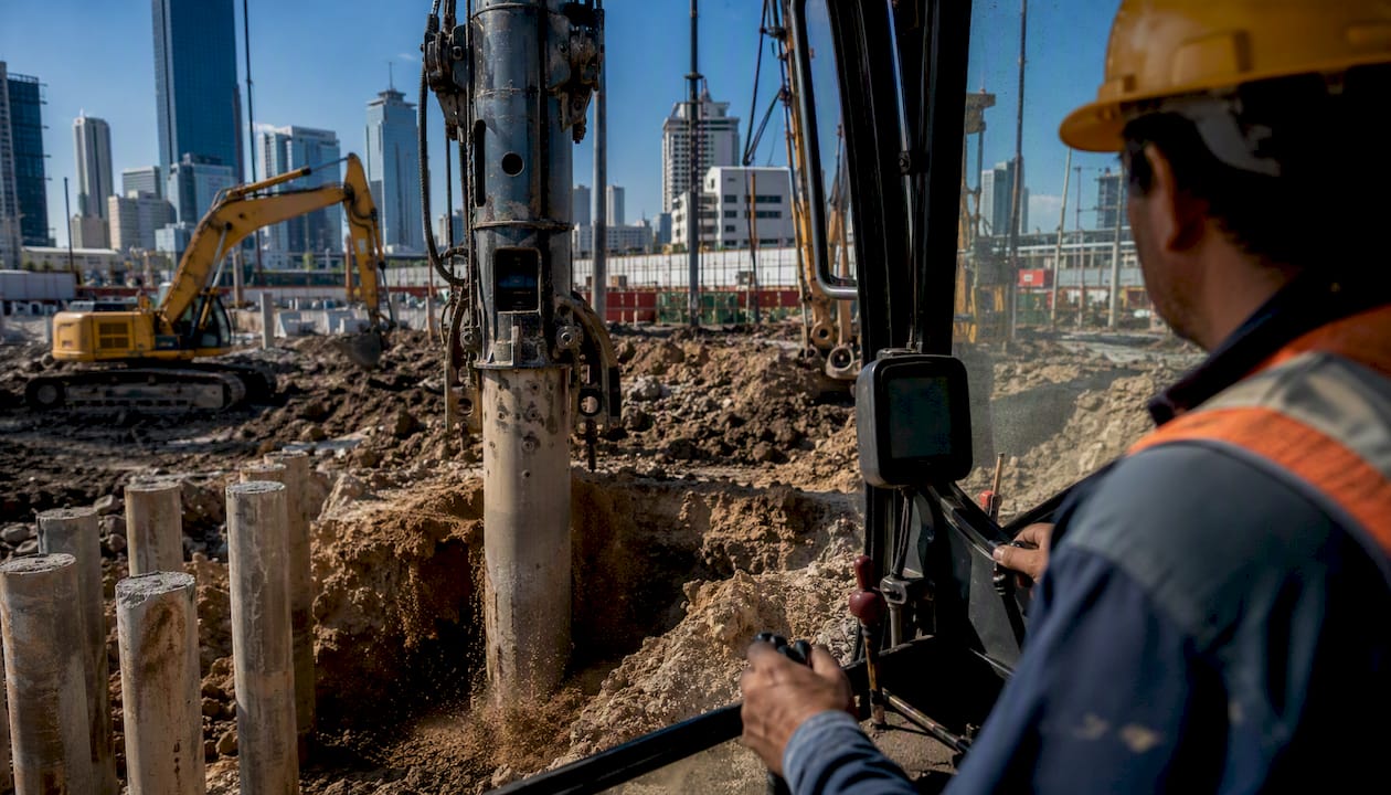 Foundation pile driving machinery in action