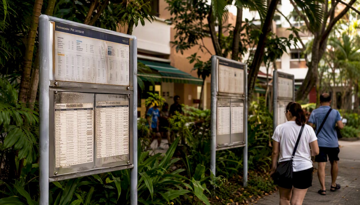 Resale price boards on HDB flats in Singapore neighborhood