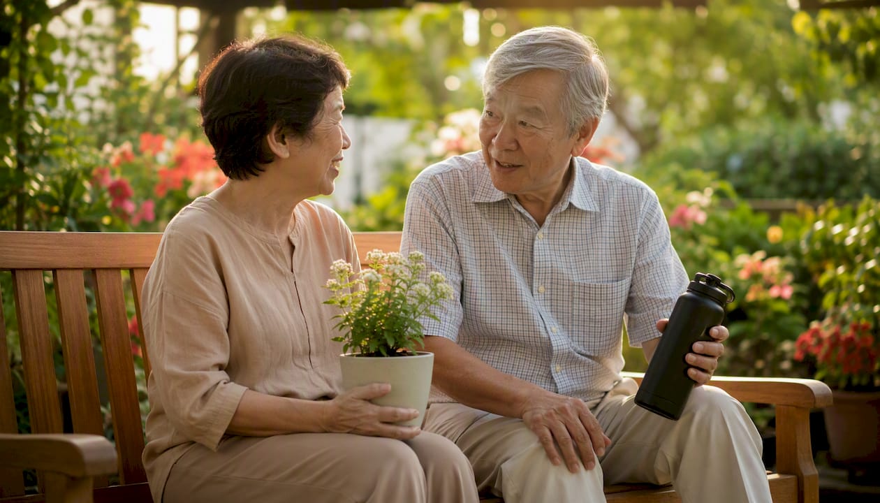 Elderly couple discussing retirement income at home