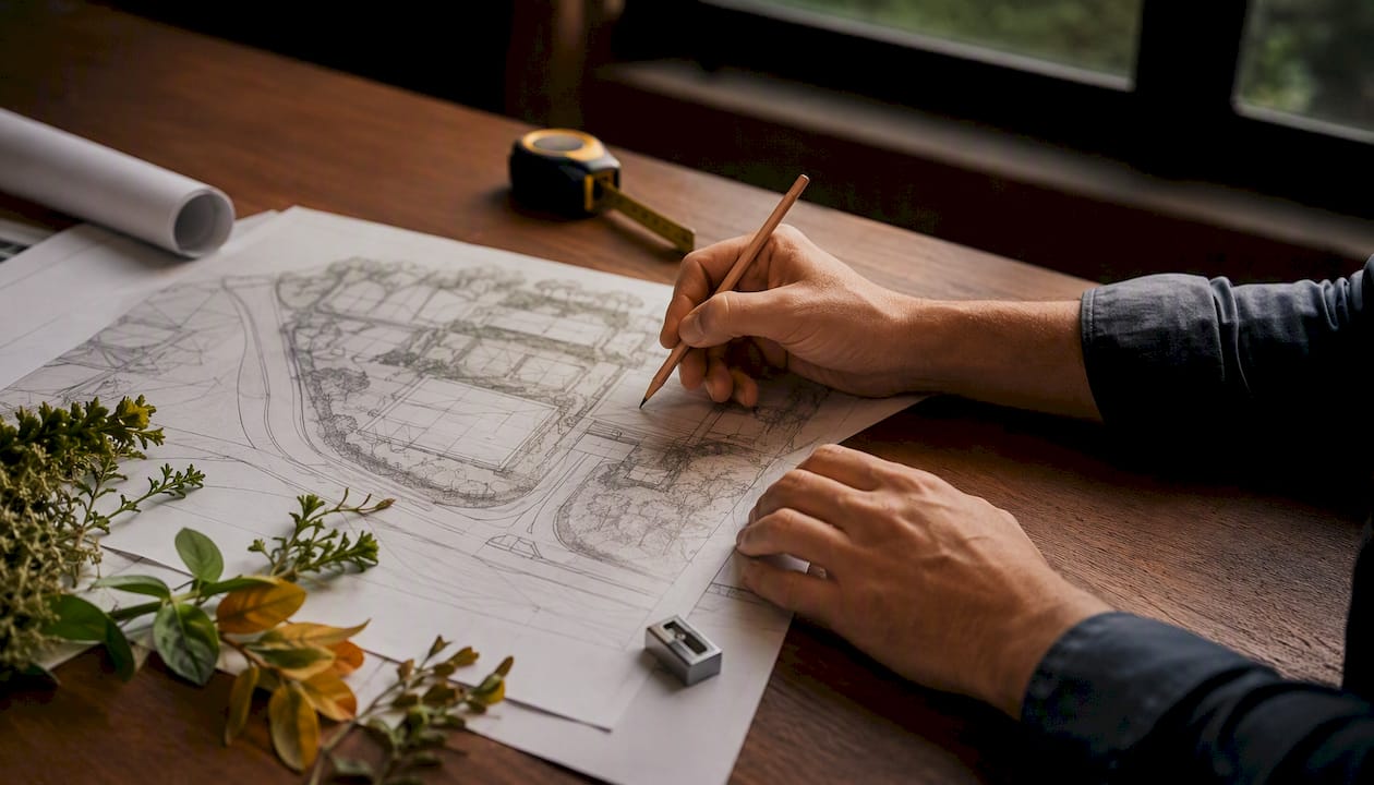 Hands drawing access layout on site plan