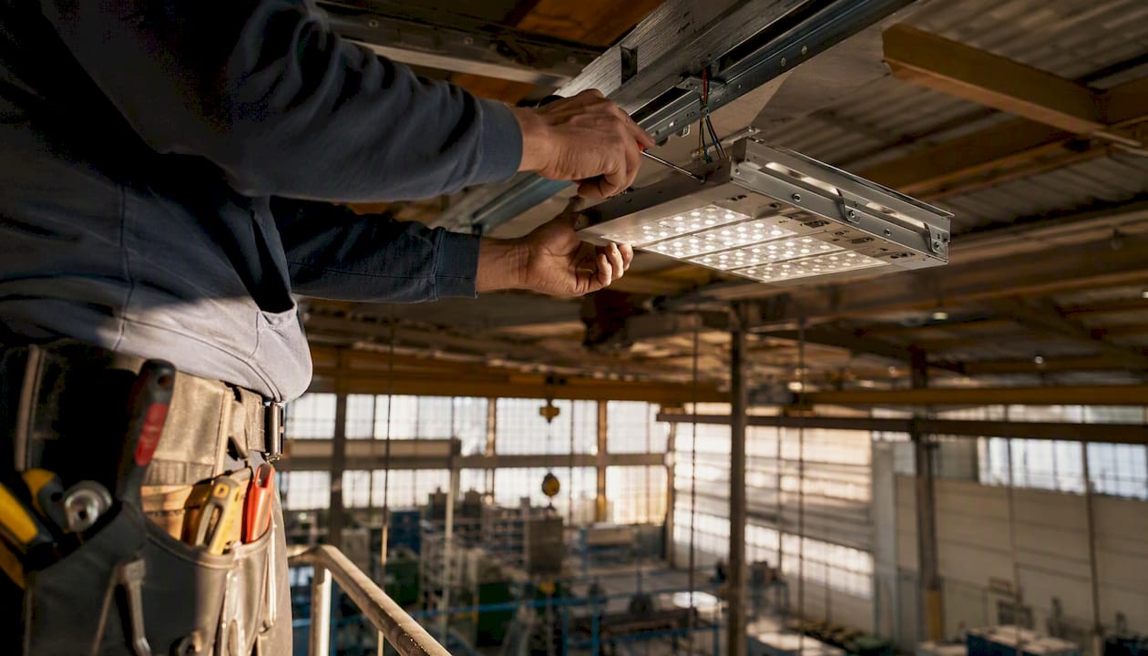 Common Energy Audit Findings: A Facility Manager's Guide Technician installing LED lighting fixture