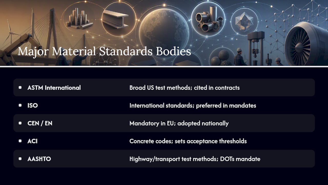Material Testing Standards: What Engineers Need to Know What are the major material testing standards organizations? — overview diagram