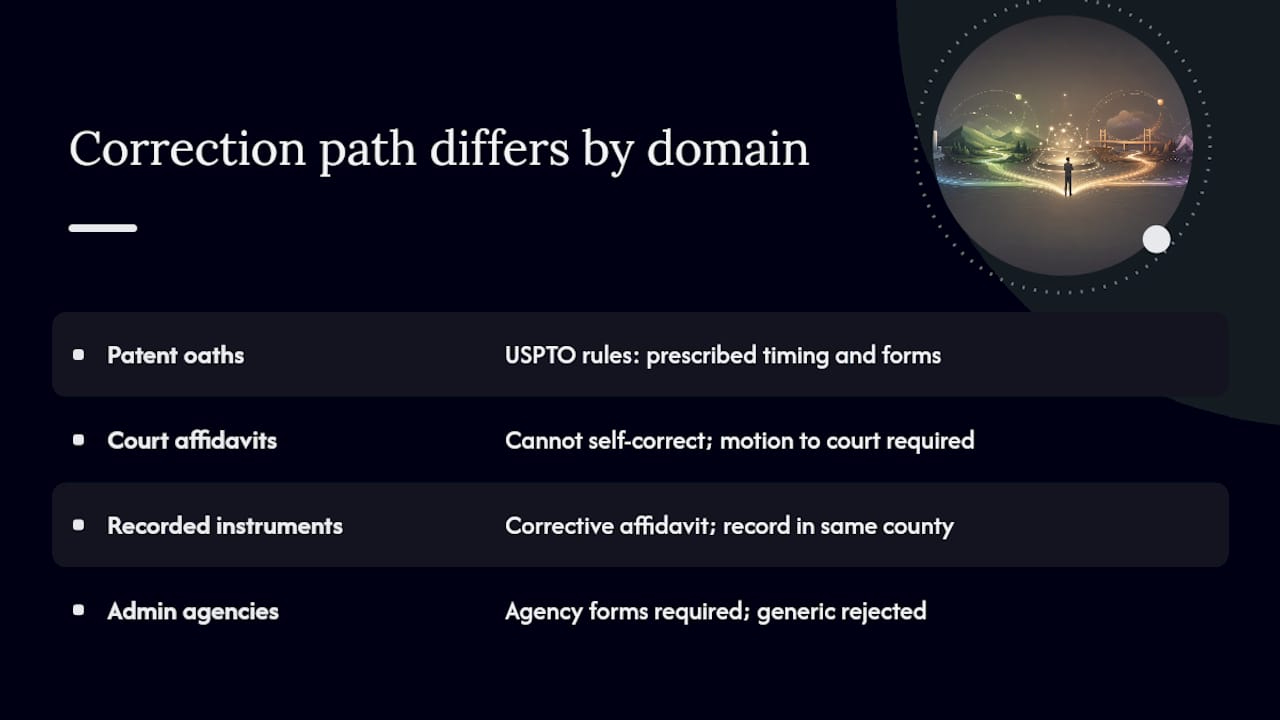 Common PE Statutory Declaration Errors: A US Practitioner's Guide Special procedures for patent oaths, court filings, and recorded instruments — overview diagram