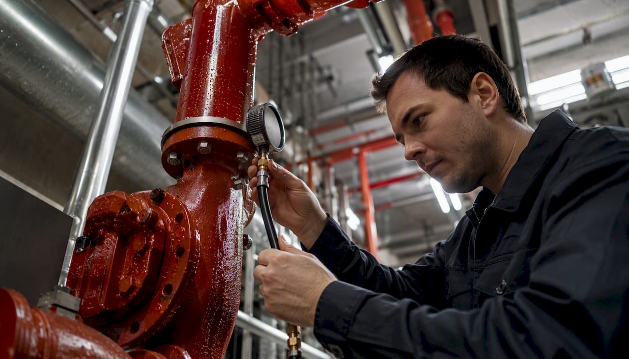 Engineer testing fire sprinkler system