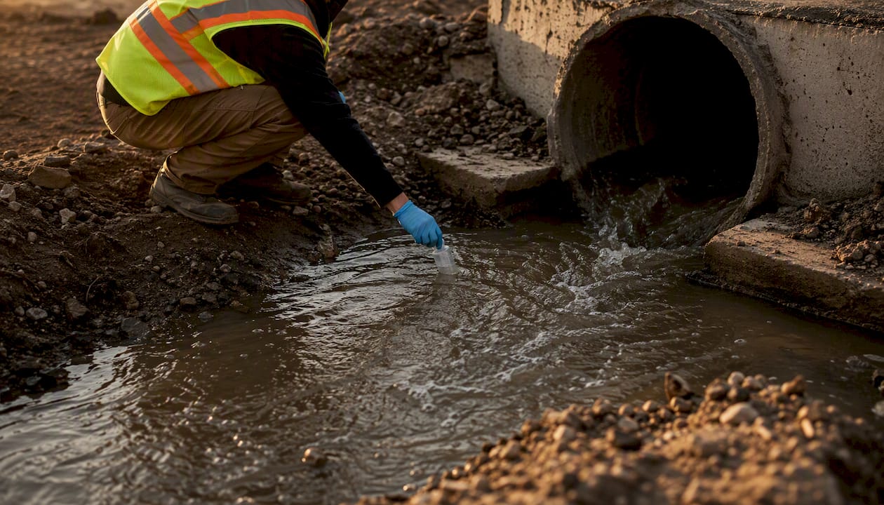 Field technician sampling water at storm drain