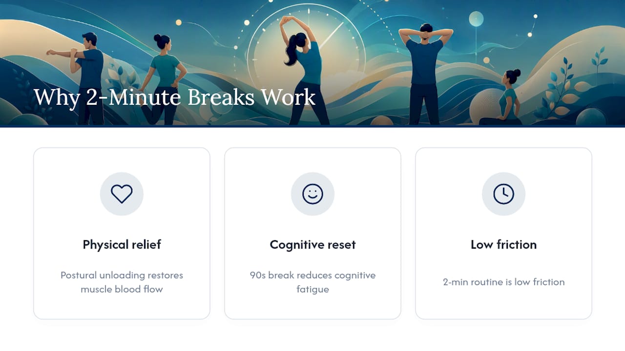 Why short, frequent stretch breaks help desk workers — overview diagram