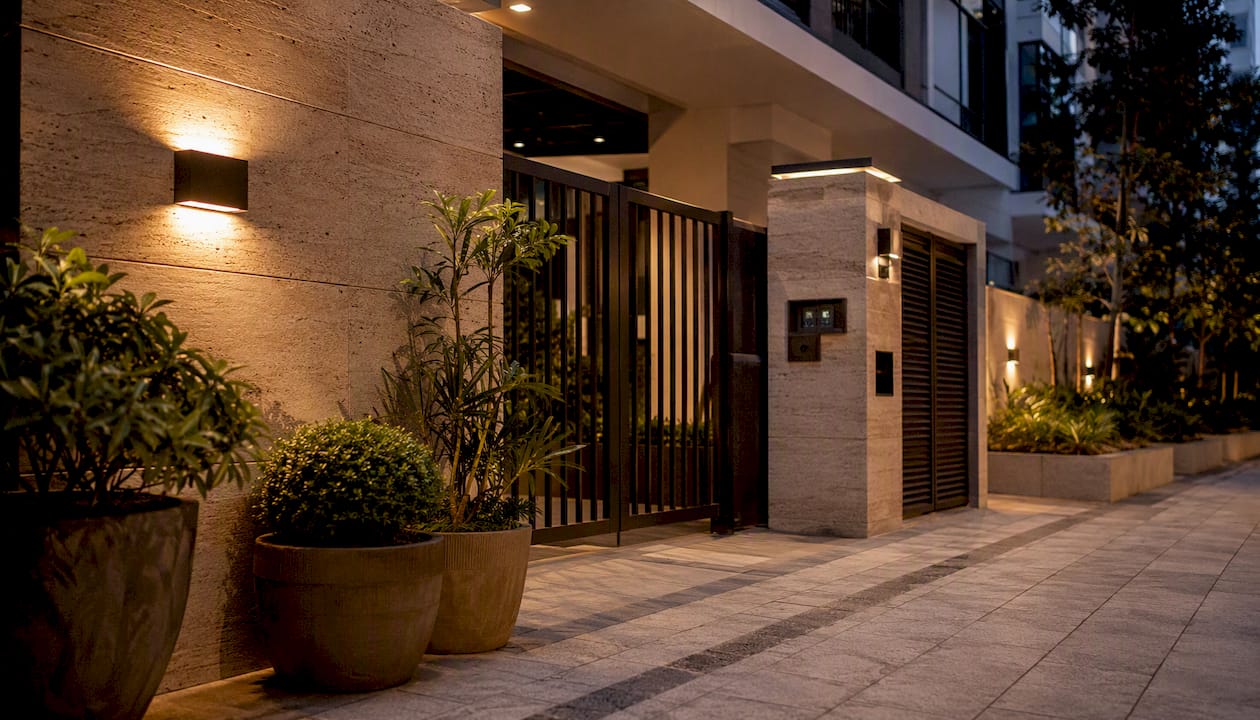 Condominium entrance with security gate