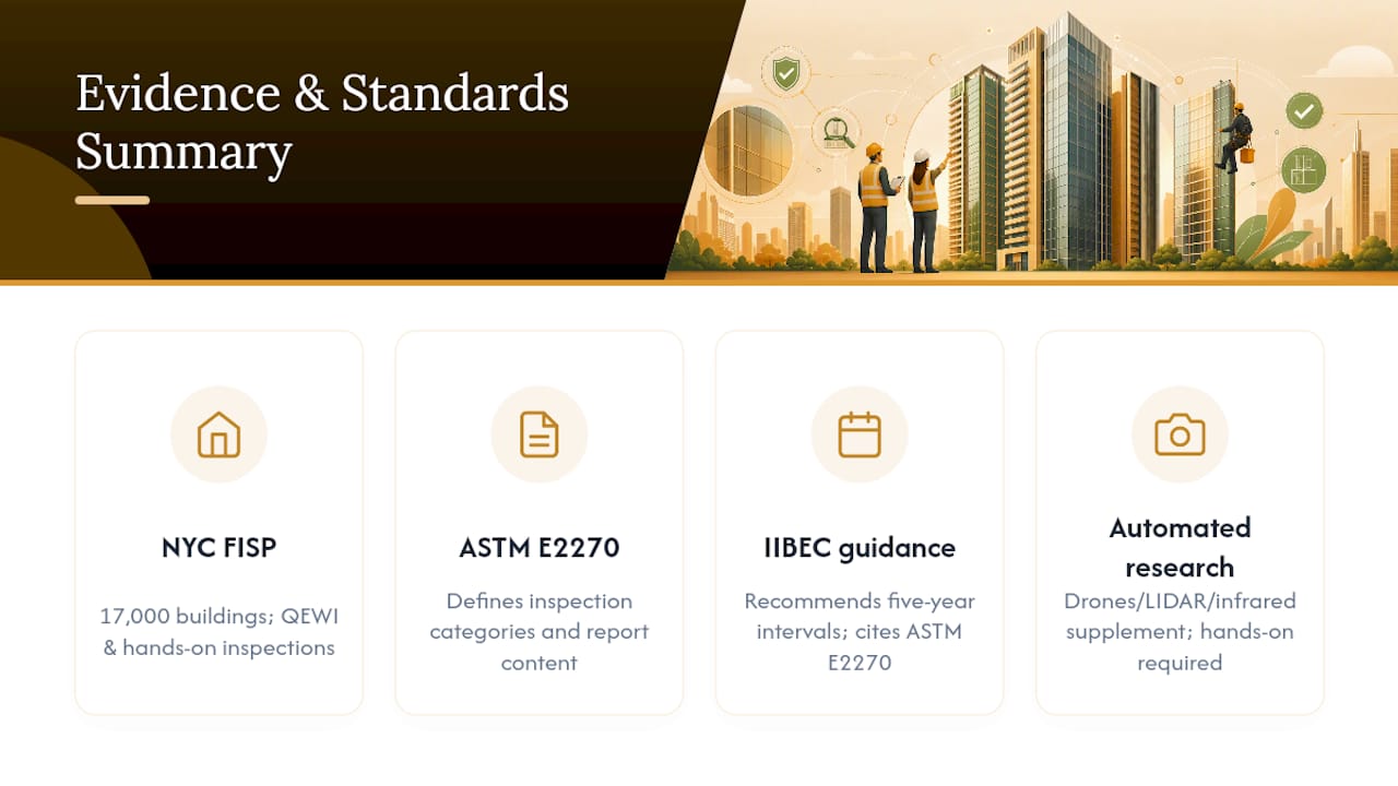Evidence and standards supporting facade inspection programs — overview diagram