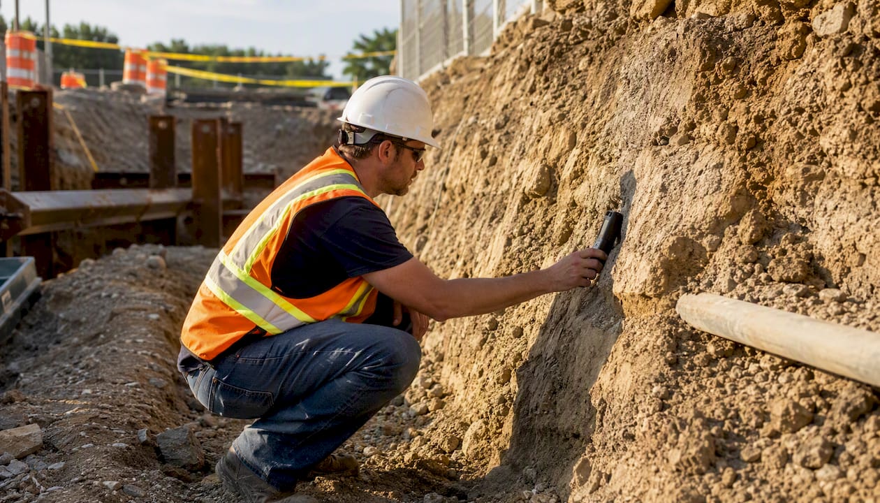 Competent person using depth gauge at excavation