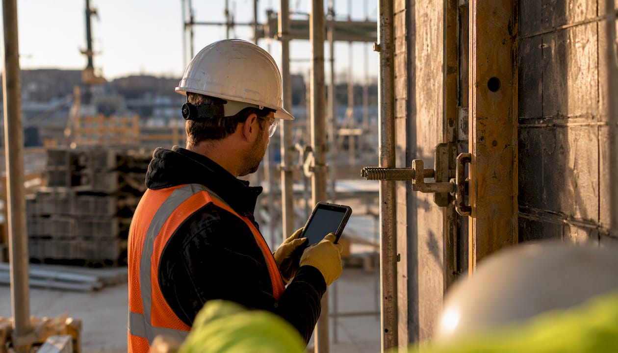 Worker collecting contractor safety evidence on construction site