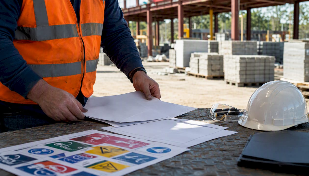 Hands preparing site induction materials on table
