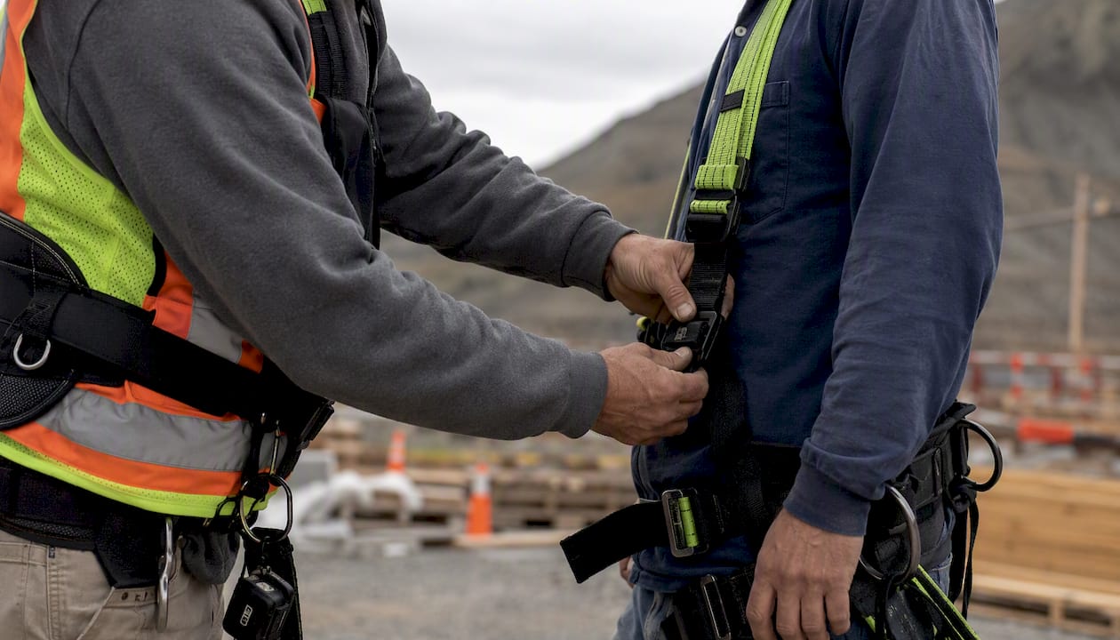 Experienced worker adjusting new worker's safety harness