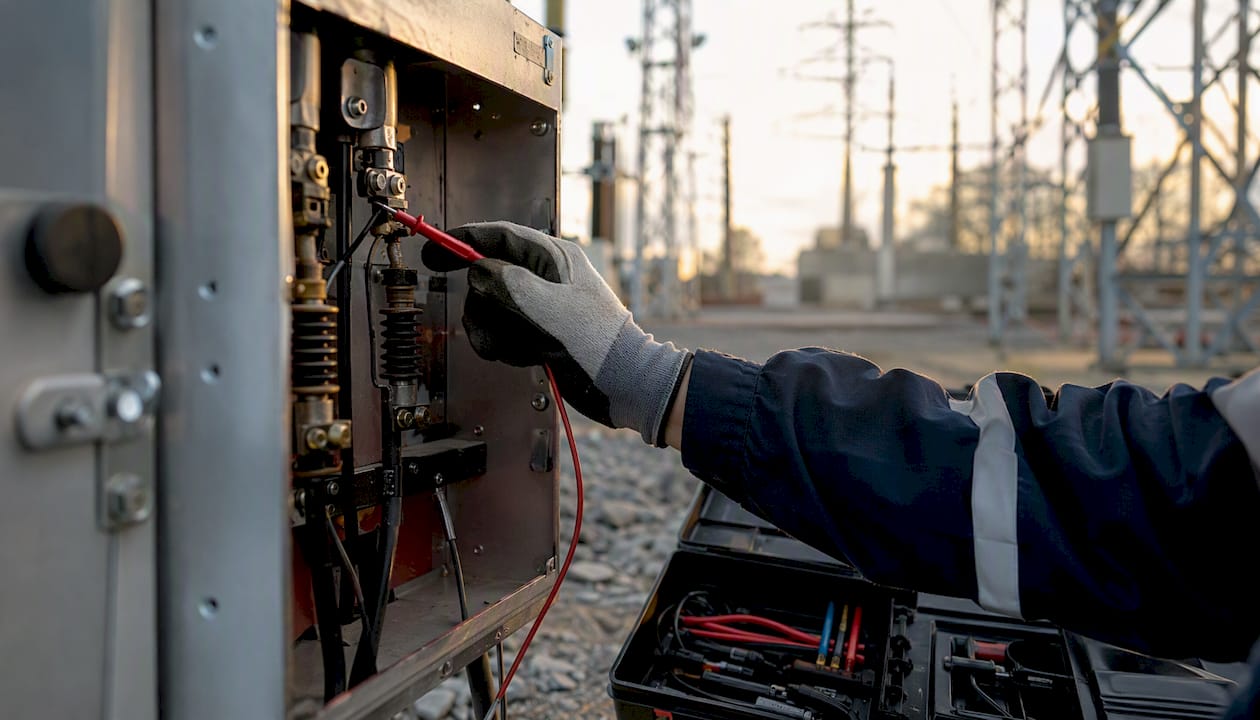 Engineer testing substation electrical connector