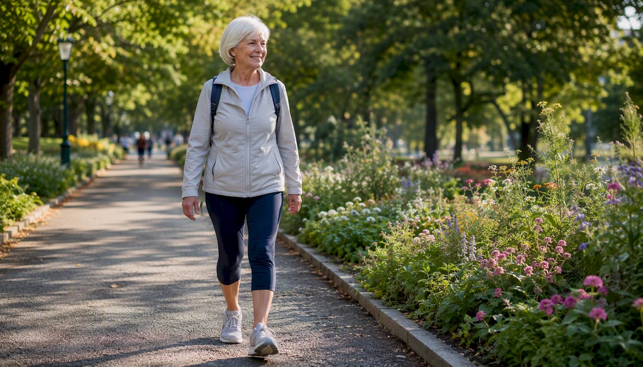Senior woman walking in park