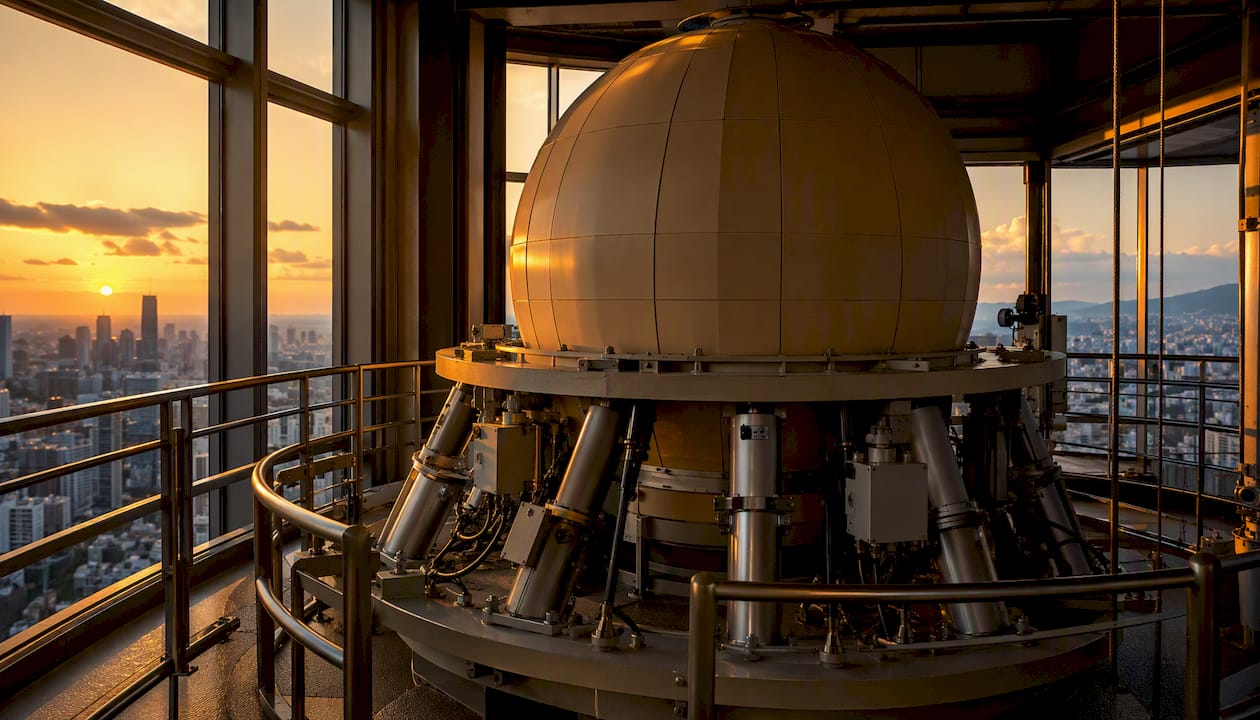 Close-up of tuned mass damper equipment on building
