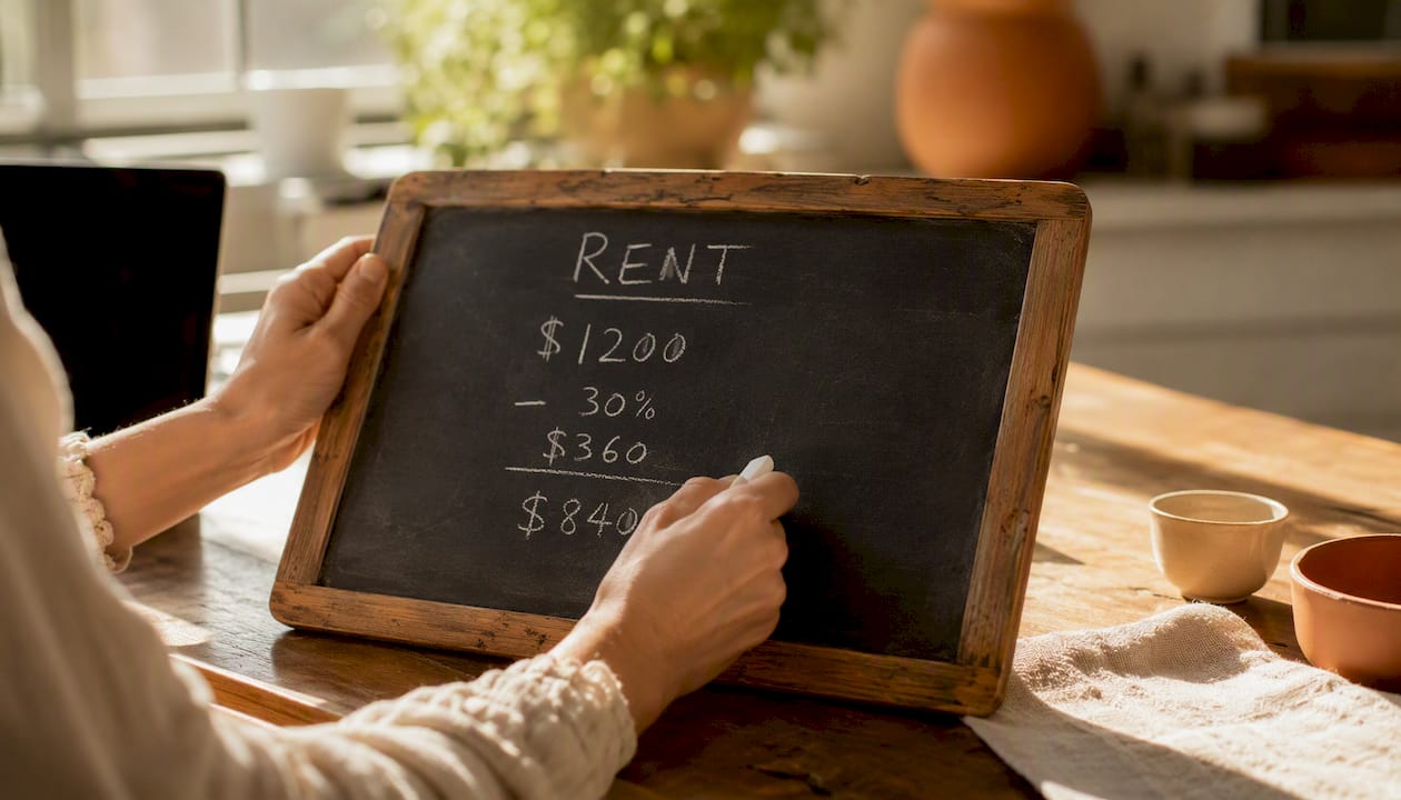 Hands calculating lease costs on chalkboard