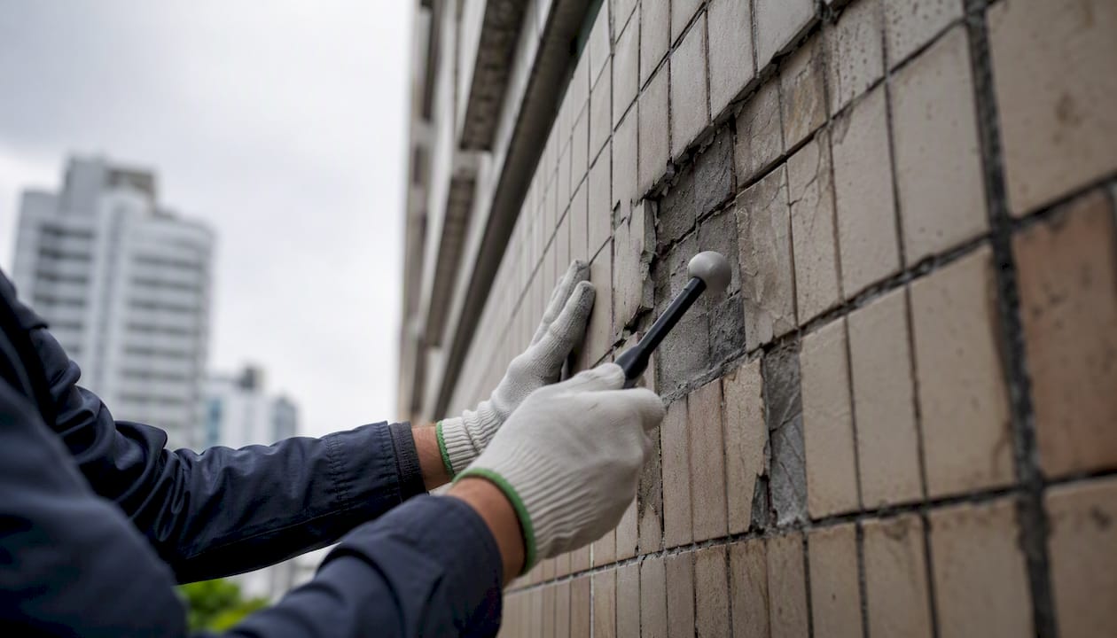 Hands tapping façade tiles for inspection