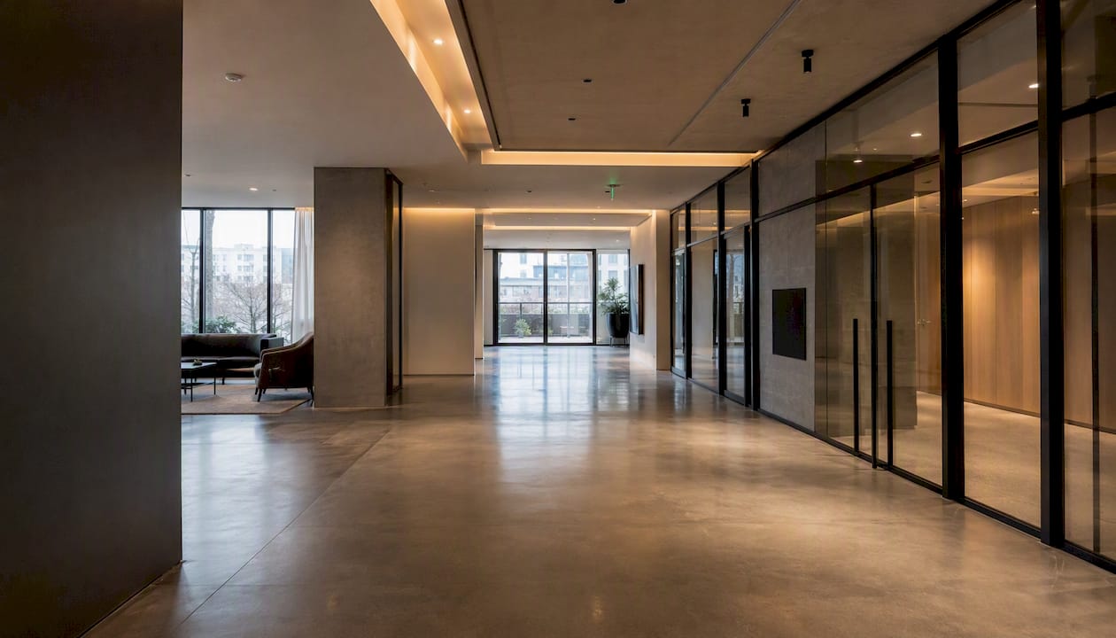 Mixed-use development corridor with separate lobby areas