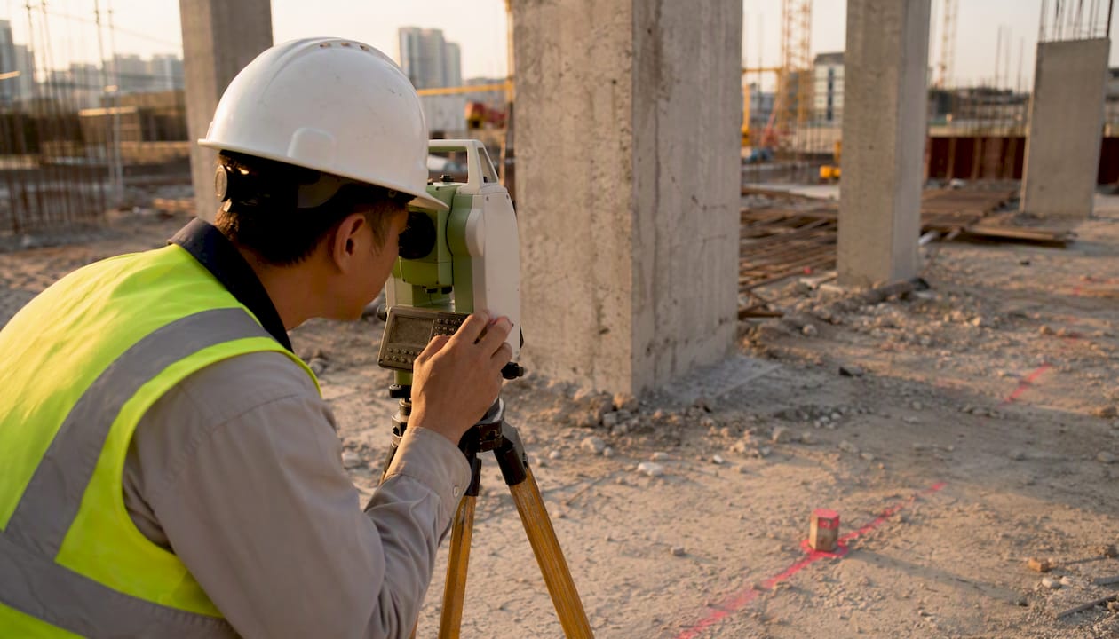 Surveyor marking strata boundary at construction site