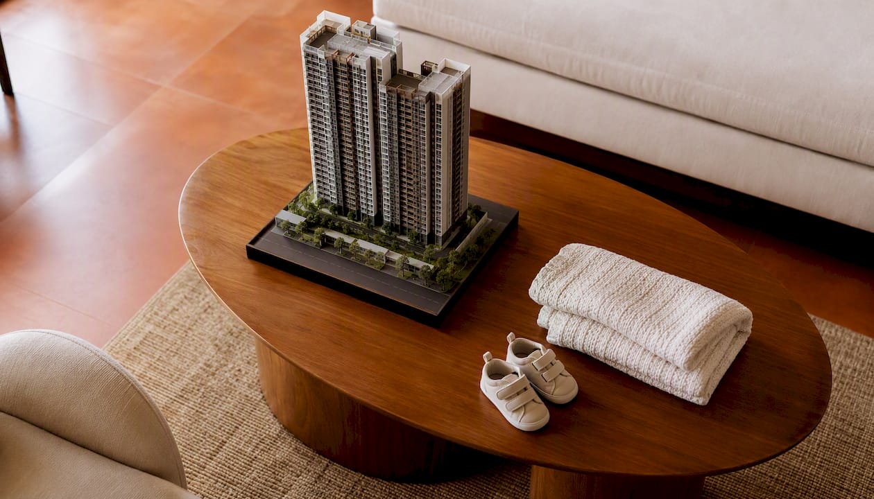 Condo model with child shoes and blanket symbolizing trust