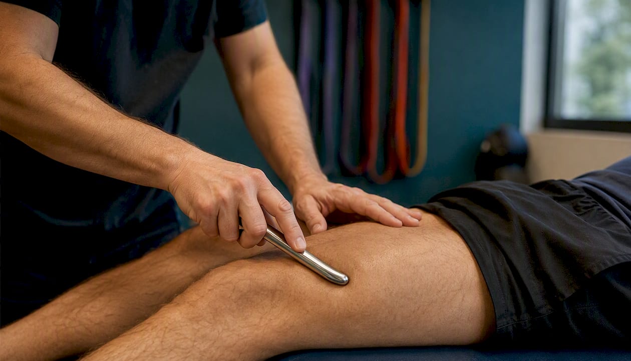 Hands using instrument for soft tissue therapy