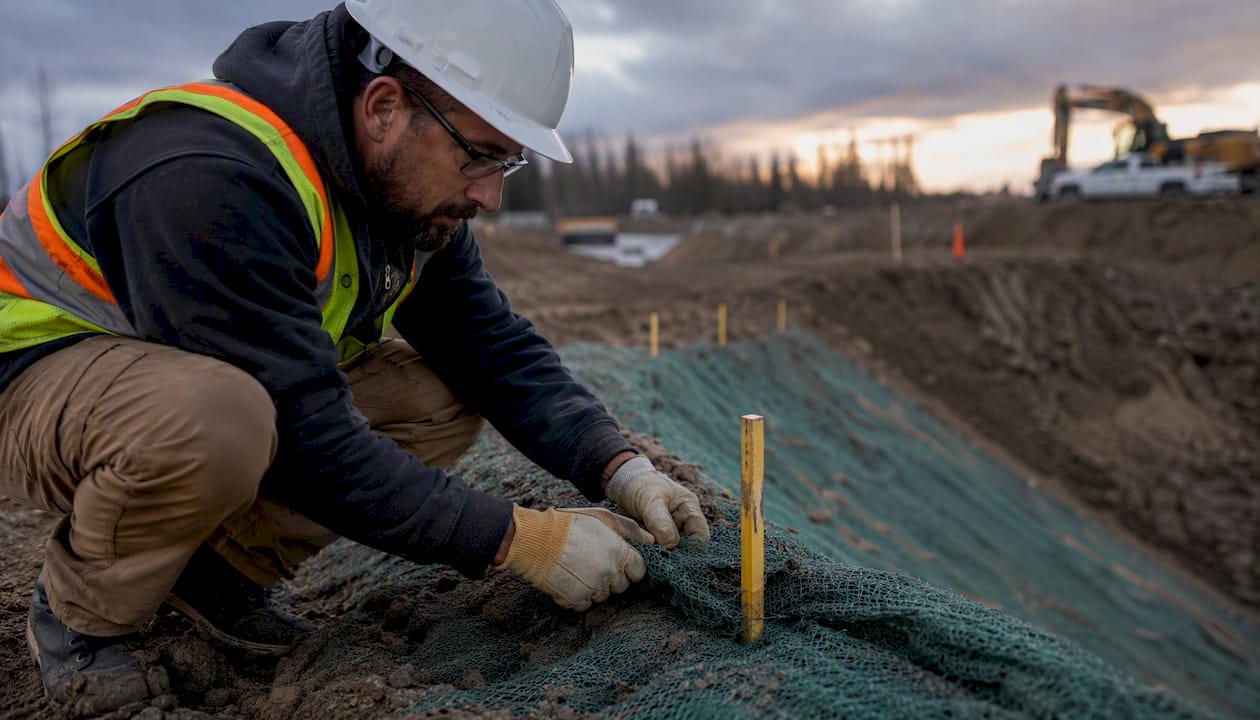 Officer adjusting sediment control fencing
