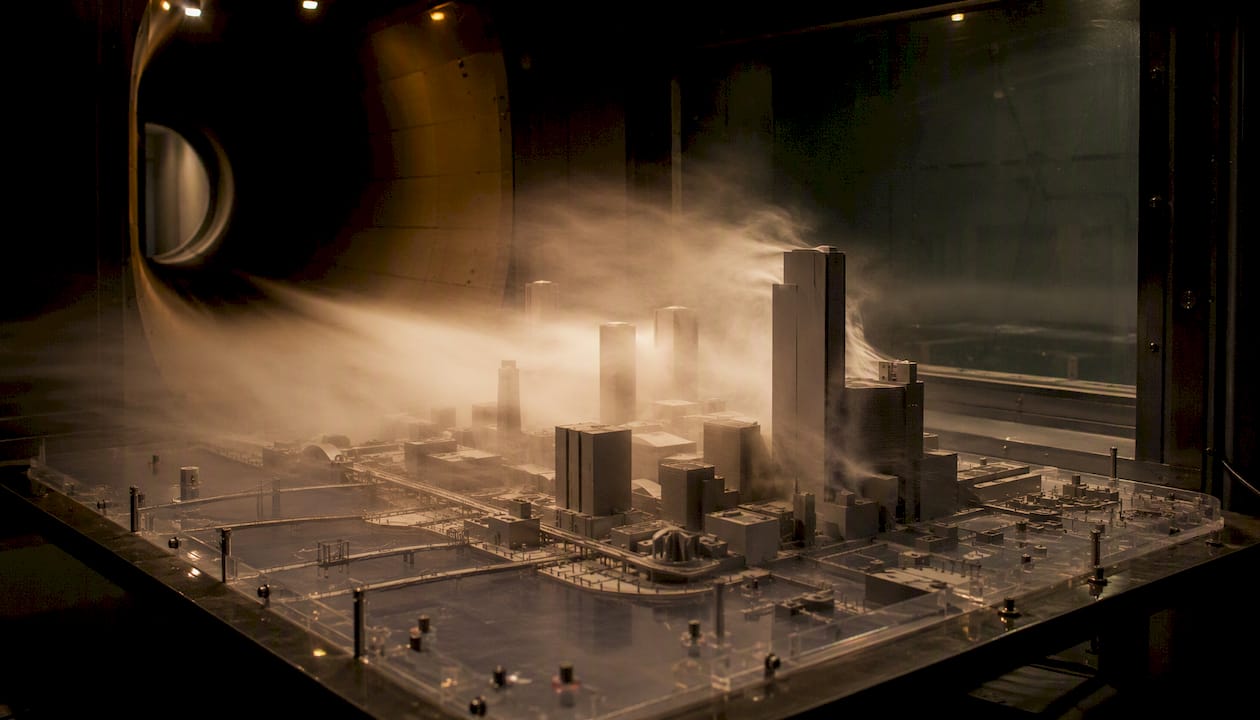 Wind tunnel airflow over urban scale model