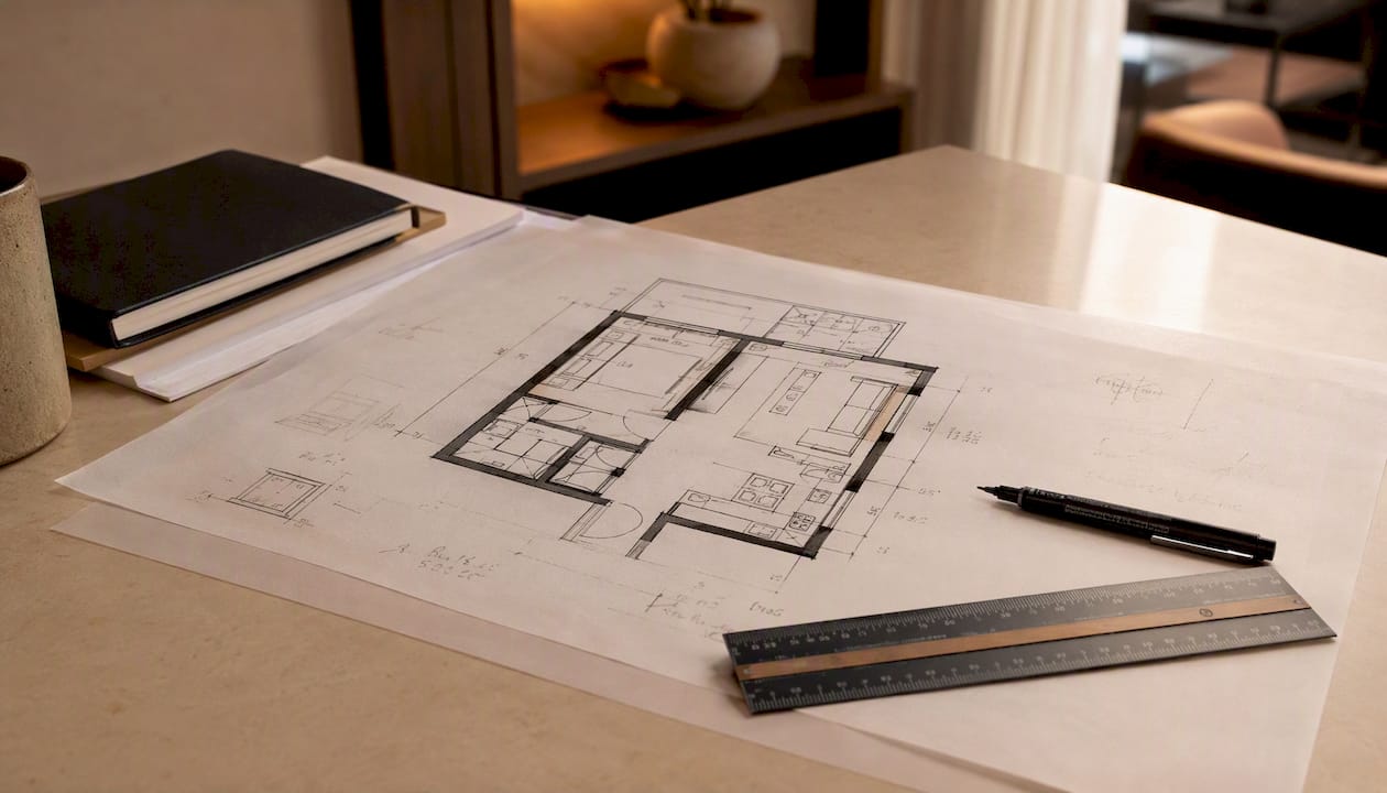 Annotated floor plan with furniture sketches on desk