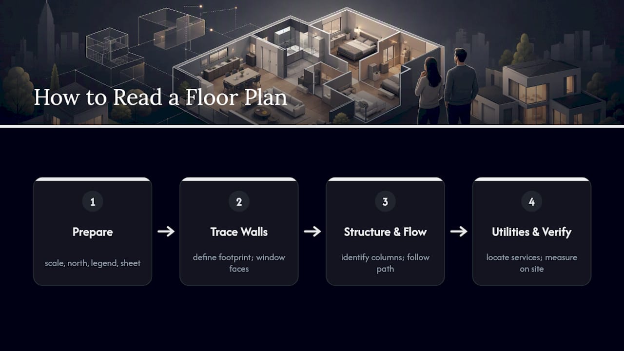 Diagram of seven steps to read a floor plan
