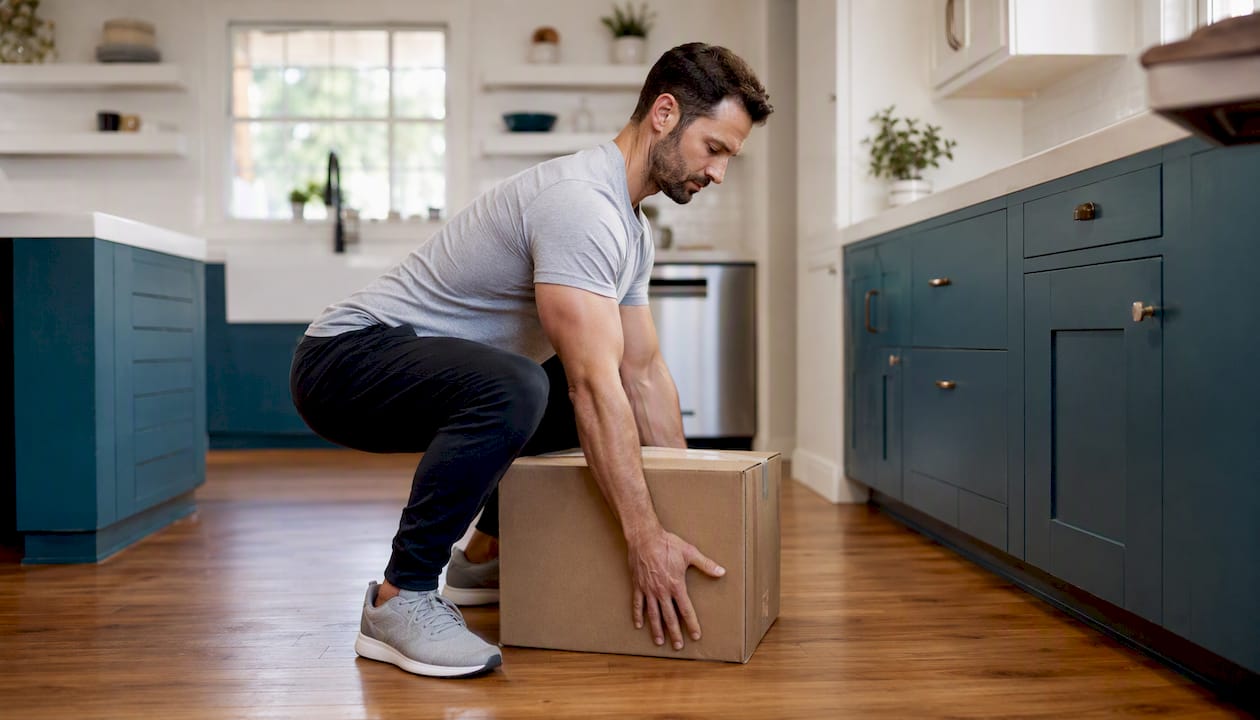 Person lifting box using proper hip hinge