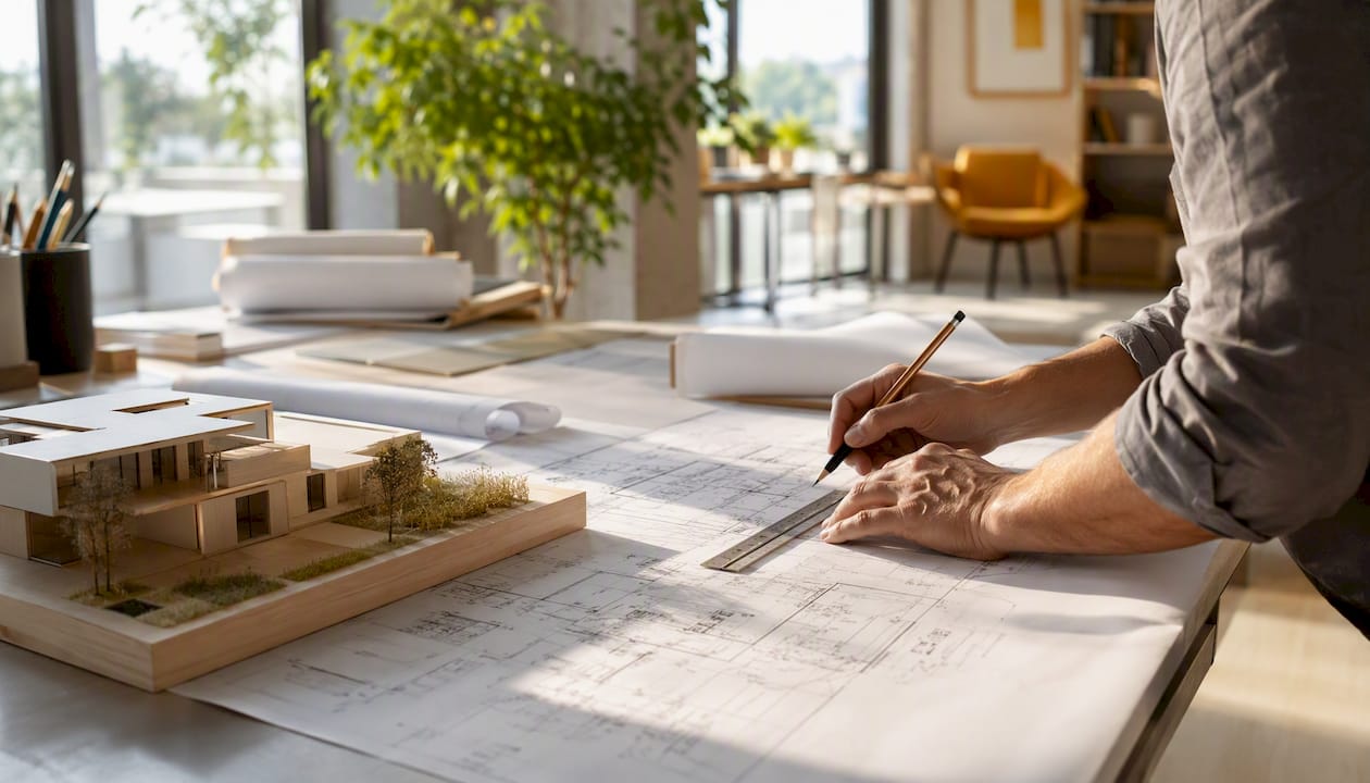 Architect working on structural design drawings